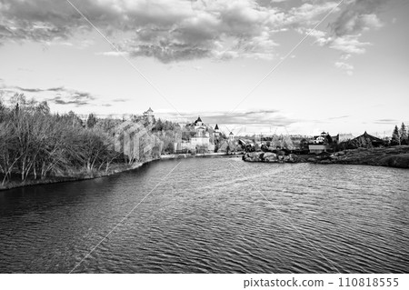 Beautiful grass swamp reed growing on shore reservoir in countryside 110818555
