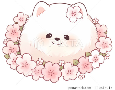 被櫻花包圍的白色博美犬的插圖/AI生成 被櫻花包圍的白色博美犬的插圖/AI生成 110818917