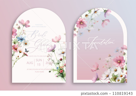 Luxury arch wedding invitation card background with watercolor wild cornflowers. Abstract floral art background vector design for wedding and vip cover template. 110819143