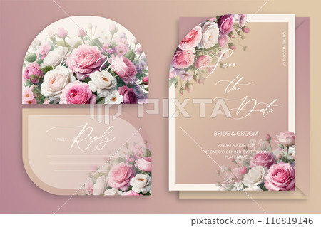 Luxury arch wedding invitation card background with garden watercolor botanical pink roses and leaves. Abstract floral art background vector design for wedding and vip cover template. Luxury arch wedding invitation card background with garden watercolor botanical pink roses and leaves. Abstract floral art background vector design for wedding and vip cover template. 110819146