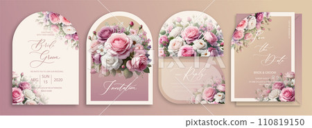 Luxury arch wedding invitation card background with garden watercolor botanical pink roses and leaves. Abstract floral art background vector design for wedding and vip cover template. Luxury arch wedding invitation card background with garden watercolor botanical pink roses and leaves. Abstract floral art background vector design for wedding and vip cover template. 110819150