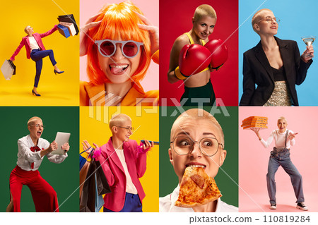 Creative collage made of portraits of young emotional and positive woman in various fashion outfits against multicolored background. 110819284