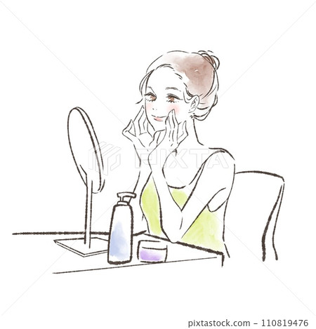 Illustration of a woman doing skin care and makeup at the dressing table 110819476
