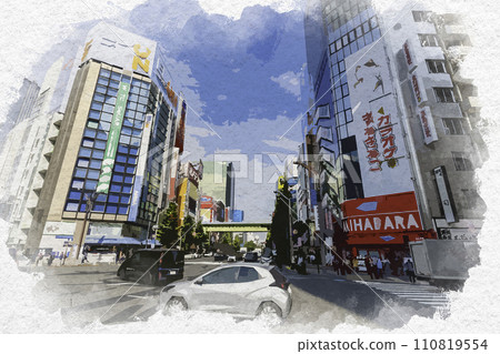 水彩風格秋葉原萬世橋十字路口東京千代田區 110819554