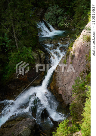 Mountain river in forest. Flowing river with rapids in rocks among green forest trees. Tatra National Park in Poland 110819637