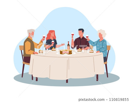 Big family holiday feast with wine and delicious cake. Festive dinner. Birthday celebration. Young and elderly couples sitting at table. Children and senior parents. Vector concept Big family holiday feast with wine and delicious cake. Festive dinner. Birthday celebration. Young and elderly couples sitting at table. Children and senior parents. Vector concept 110819855