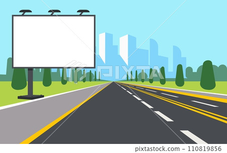 Big white banner by roadside. Road billboard. Urban building. Transport highway. Way to city. Downtown landscape. Information board. Advertising signage. Commercial placard. Vector concept Big white banner by roadside. Road billboard. Urban building. Transport highway. Way to city. Downtown landscape. Information board. Advertising signage. Commercial placard. Vector concept 110819856