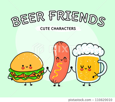 Cute, funny happy glass of beer, hamburger sausage. Vector hand drawn cartoon kawaii characters, illustration icon. Funny cartoon glass of beer, hamburger and sausage friends concept 110820010