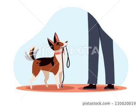 Dog holds leash and asks his owner to go for walking. Park stroll with pet. Domestic animal. Care of puppy. Terrier calls outside. Doggy lead rope. Bring street collar. Vector concept Dog holds leash and asks his owner to go for walking. Park stroll with pet. Domestic animal. Care of puppy. Terrier calls outside. Doggy lead rope. Bring street collar. Vector concept 110820019