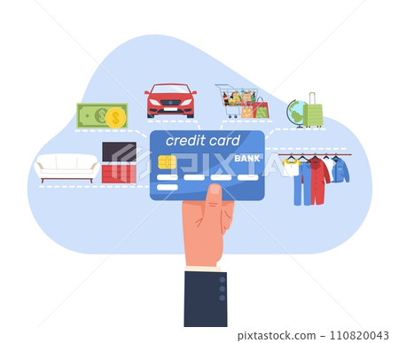 Hand holds credit card with ability to make payments for cars and clothes. Customer paying for travel. Buy furniture and food products. Loan for purchases. Cash money. Vector concept 110820043