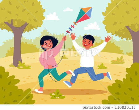 Kids games. Friends fly kite in park. Outdoor fun. Children playing in nature. Smiling boys and girl with flying toy. Playful activities. Young people running in meadow. Vector concept Kids games. Friends fly kite in park. Outdoor fun. Children playing in nature. Smiling boys and girl with flying toy. Playful activities. Young people running in meadow. Vector concept 110820115