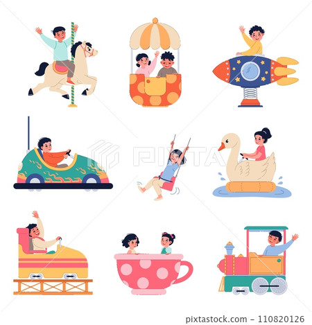Kids in amusement park. Children riding on different carousels. Girl and boys in attractions. People having fun. Rollercoaster and merry-go-round. Ferris wheel. Splendid vector set 110820126