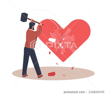 Man breaks big heart with hammer. Relationship breakup. Unhappy guy hitting love symbol. Romance destroy. Damaged amour. Young boyfriend sadness. Lovers feeling crash. Vector concept Man breaks big heart with hammer. Relationship breakup. Unhappy guy hitting love symbol. Romance destroy. Damaged amour. Young boyfriend sadness. Lovers feeling crash. Vector concept 110820145