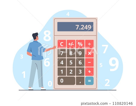 Man does math with big calculator. Mathematical calculating. Numbers counting. Debt payments calculation. Banking accounting. Finance balance. Mathematics education. Vector concept 110820146
