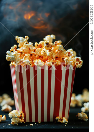 Falling popcorn in a red-white stripes box on red background Falling popcorn in a red-white stripes box on red background 110820165