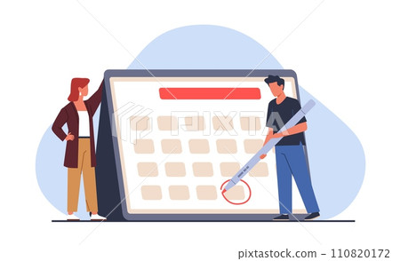 Man makes mark on calendar. Time management. Month calendar. Deadline and goals. People organize productive work. Agenda schedule. Timetable reminder. Appointment icon. Vector concept 110820172