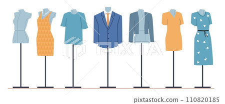 Mannequins without clothes and with womens and mens clothes. Fashion garment. Clothing showing. Fashionable suits or elegant dresses at torso dummies. Atelier equipment. Vector concept Mannequins without clothes and with womens and mens clothes. Fashion garment. Clothing showing. Fashionable suits or elegant dresses at torso dummies. Atelier equipment. Vector concept 110820185