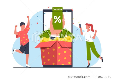 Smartphone with open gift box and discount coupons. Sale vouchers. Cheerful customers. Mobile phone. Benefit offer tickets. Shopping app. Banknotes and coins in present. Vector concept Smartphone with open gift box and discount coupons. Sale vouchers. Cheerful customers. Mobile phone. Benefit offer tickets. Shopping app. Banknotes and coins in present. Vector concept 110820249