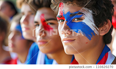 AI-generated content. A group of happy young fans with their faces painted in the colors of the French flag of blue and red cheering the event AI-generated content. A group of happy young fans with their faces painted in the colors of the French flag of blue and red cheering the event 110820270