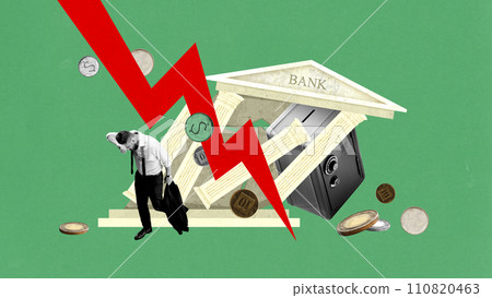 Businessman walking out bank in despair after financial crisis, decline in money, crack of banking system. Contemporary art collage. Businessman walking out bank in despair after financial crisis, decline in money, crack of banking system. Contemporary art collage. 110820463