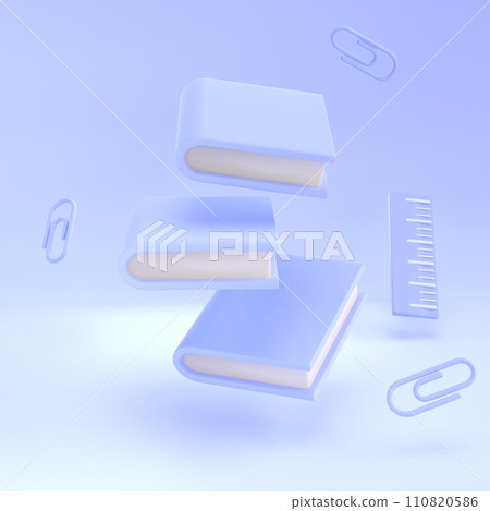 3D Stack of Closed Book and ruler falling down in air. Render Educational Literature. Reading Education back to school concept 3D Stack of Closed Book and ruler falling down in air. Render Educational Literature. Reading Education back to school concept 110820586