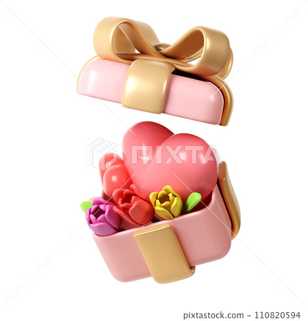 3d Tulip Flower Bouquet with hearts in pink gift box in Cartoon Style for Decoration. Love Valentine romantic design, Mother day, Women day, Isolated on White Background illustration 110820594