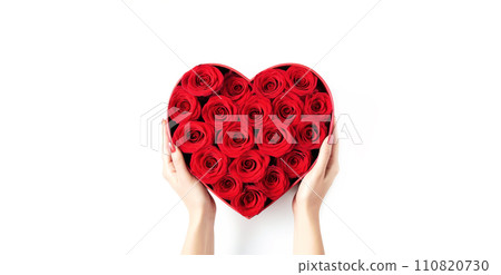 AI-generated content. Valentines day concept. Woman's hands holding the box with the red roses in the shape of the heart, white background, copy space, banner 110820730