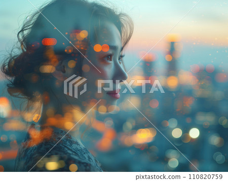 Cityscape and smiling woman Cityscape and smiling woman 110820759