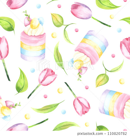 Seamless watercolor pattern. Hand drawn Easter rainbow cupcake, colored painted eggs, pink tulips on a white background. Holiday, Easter, spring. 110820782