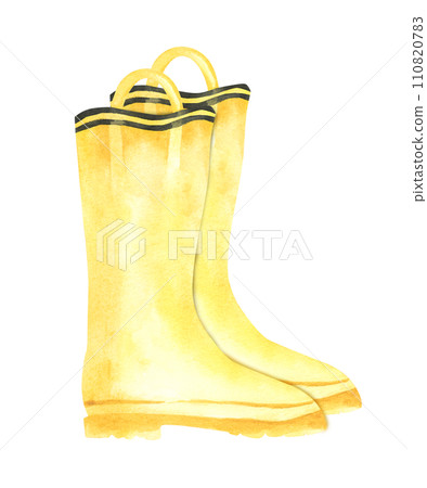 Yellow gumshoes illustration. Galoshes on white background. Autumn or spring rubbers clipart. Rainy day style. Aquarelle picture. Clipart for logo, greeting card and design. Yellow gumshoes illustration. Galoshes on white background. Autumn or spring rubbers clipart. Rainy day style. Aquarelle picture. Clipart for logo, greeting card and design. 110820783