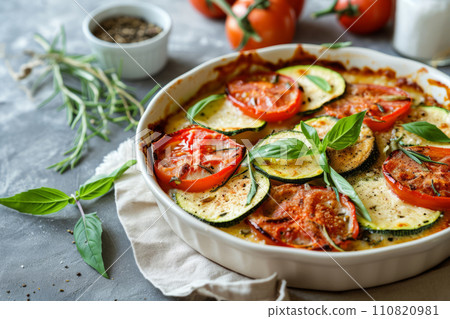 Zucchini and tomatoes gratin with bechamel sauce and cheese. Generative AI 110820981