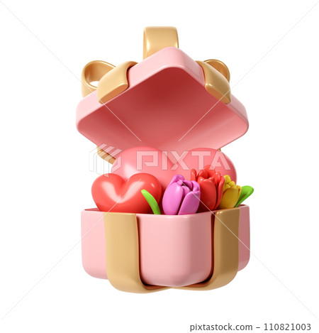 3d Tulip Flower Bouquet with hearts in pink gift box in Cartoon Style for Decoration. Love Valentine romantic design, Mother day, Women day, Isolated on White Background illustration 110821003