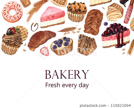 Dessert, piece of cheesecake with fresh strawberries, bagel and pastries. Watercolor hand-drawn illustration isolated on white background. Template for bakery or bakehouse menu and baking card 110821004