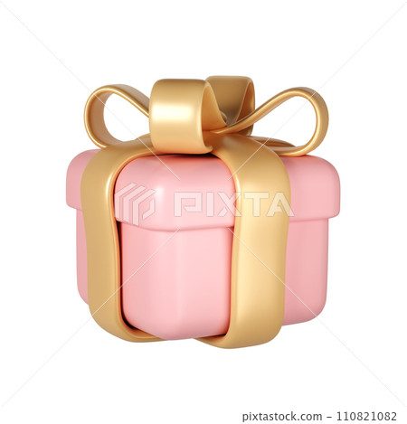 3d pink Valentine Day gift box icon with golden ribbon bow on white background. Render Romantic love modern holiday item for present shopping banner or poster 110821082