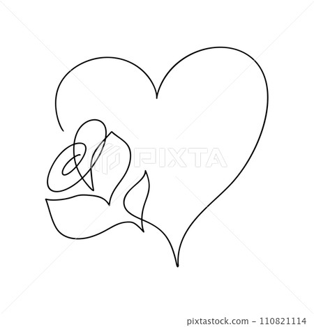 Hand drawn love heart with flower monoline vector logo one art line illustration. Black outline. Element for Valentine Day banner, spring poster, greeting card Hand drawn love heart with flower monoline vector logo one art line illustration. Black outline. Element for Valentine Day banner, spring poster, greeting card 110821114
