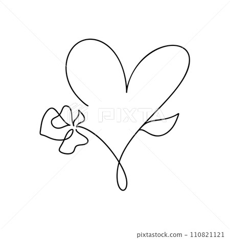 Hand drawn love heart with flower monoline vector logo one art line illustration. Black outline. Element for Valentine Day banner, spring poster, greeting card Hand drawn love heart with flower monoline vector logo one art line illustration. Black outline. Element for Valentine Day banner, spring poster, greeting card 110821121