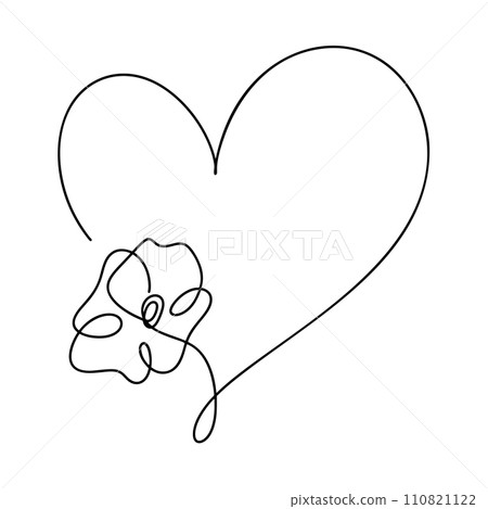 Hand drawn love heart with flower monoline vector logo one art line illustration. Black outline. Element for Valentine Day banner, spring poster, greeting card Hand drawn love heart with flower monoline vector logo one art line illustration. Black outline. Element for Valentine Day banner, spring poster, greeting card 110821122