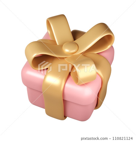3d pink Valentine Day gift box icon with golden ribbon bow on white background. Render Romantic love modern holiday item for present shopping banner or poster 3d pink Valentine Day gift box icon with golden ribbon bow on white background. Render Romantic love modern holiday item for present shopping banner or poster 110821124