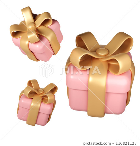 3d pink Valentines Day three gift boxes icon with golden ribbon bow on white background. Render Romantic love modern holiday item for present shopping banner or poster 3d pink Valentines Day three gift boxes icon with golden ribbon bow on white background. Render Romantic love modern holiday item for present shopping banner or poster 110821125