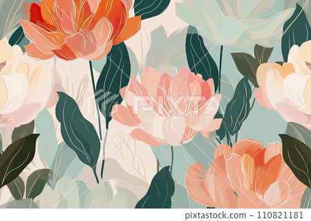 Abstract floral art background template botanical watercolor, Vector floral illustrations of buds, leaves, pastel tones,frame, seamless pattern, peony for wedding invitation, greeting card or poster 110821181