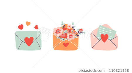 Valentines day envelope vector set. Edit letters, congratulations, offer, communication and message. Flat style. Cartoon vector illustration 110821338
