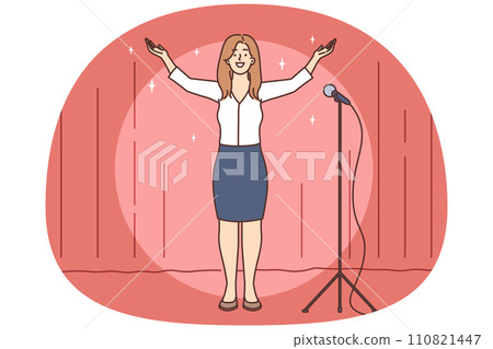 Smiling woman on stage thanking for welcome Smiling woman on stage thanking for welcome 110821447