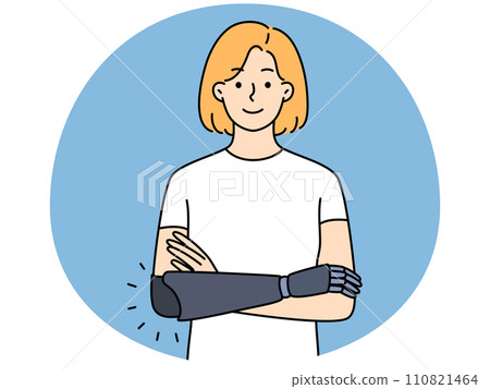 Smiling woman with hand prosthesis 110821464