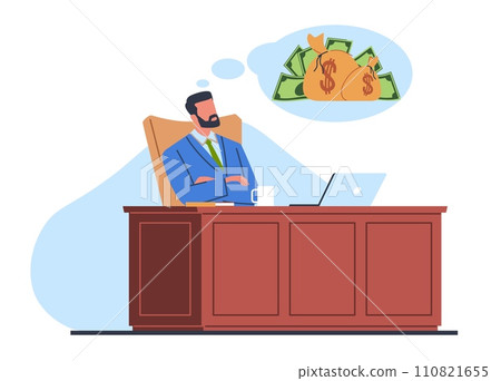 Businessman dreams of big money. Male manager or boss sitting at desk with laptop, dreaming about financial growth, thinking bubble. Success and wealth. Cartoon isolated vector concept 110821655