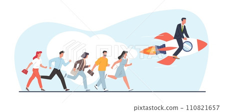Businessman on fast rocket wins over others. Achieve goal, startup. Professional growth in career. Winner in competition. Cartoon flat isolated leadership and opportunity vector concept 110821657