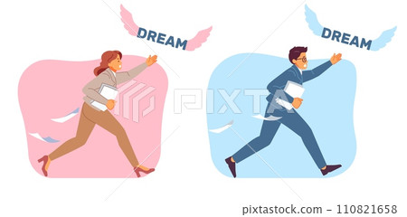 Businessmen man and woman chasing dream. Male and female office characters running, hunting profit, career development and business inspiration. Cartoon flat isolated vector concept Businessmen man and woman chasing dream. Male and female office characters running, hunting profit, career development and business inspiration. Cartoon flat isolated vector concept 110821658