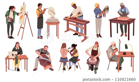 Cartoon artisans. People engaged in craft, hobbies and professions, masters work, sculptors, painters, potters and jewelers. Persons make tattoos and sculptures, sew dolls tidy vector set 110821660