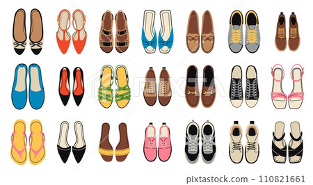 Cartoon female shoes top view. Colorful womens footwear pairs, different types, girls sneakers, summer sandals, espadrilles. Stylish modern accessories, trendy clothing. Tidy vector set 110821661