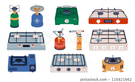 Cartoon flat gas stoves. Camping and household hobs, propane fuel balloons, outdoor cooking devices, expedition kitchen, furnace travel, heat flame, propane hob butane nowaday vector set 110821662