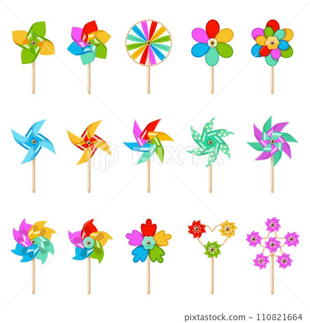 Cartoon pinwheel toy. Kids breeze wheels, colorful propeller for outdoor games, summer bright whirligig spinner, paper vanes, colorful rotating ventilators, carnival product, vector set Cartoon pinwheel toy. Kids breeze wheels, colorful propeller for outdoor games, summer bright whirligig spinner, paper vanes, colorful rotating ventilators, carnival product, vector set 110821664